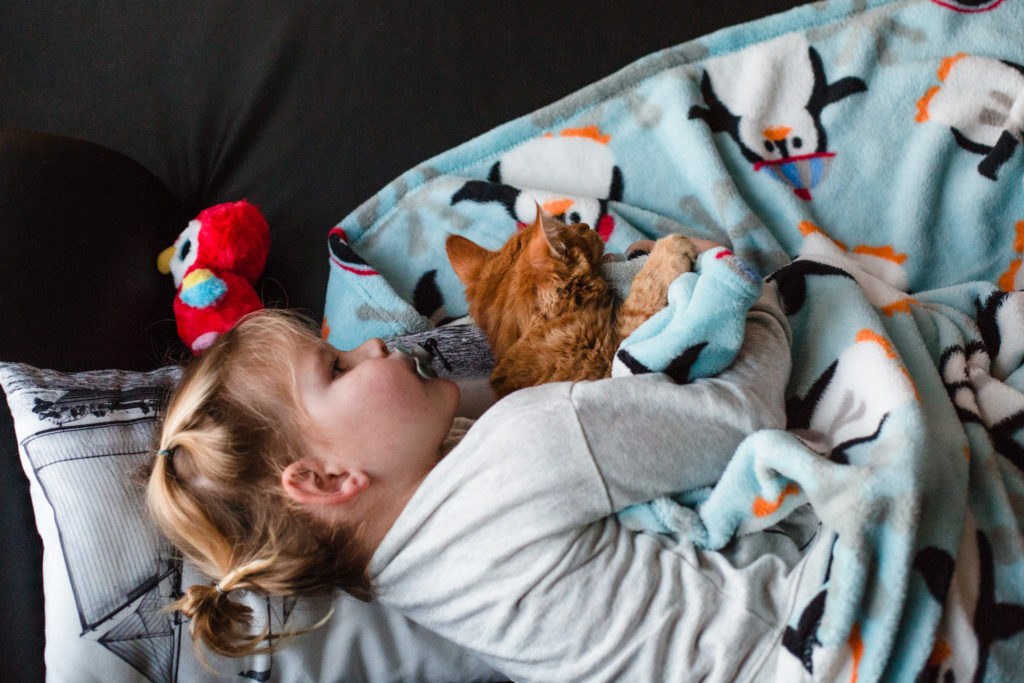 Meisje ligt heerlijk te kroelen met kat onder een dekentje, day in the life fotografie
