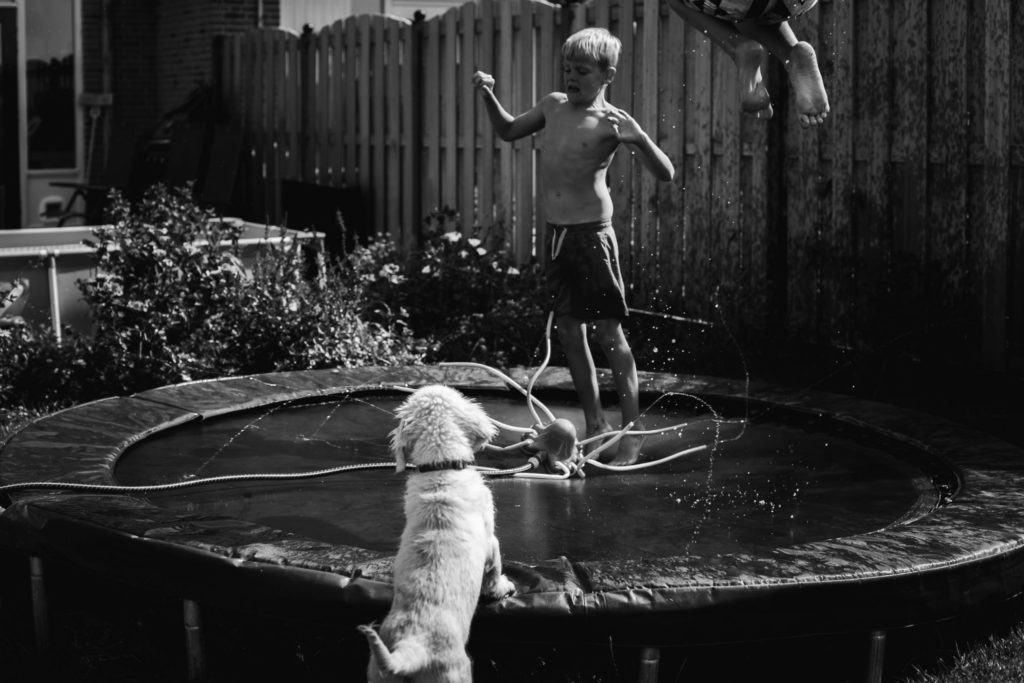 Jongens spelen met water op trampoline terwijl golden retriever pup toekijkt, documentaire fotografie